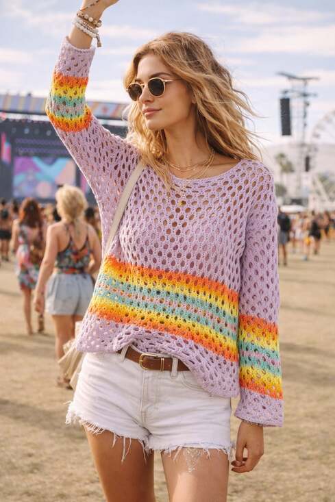 BiBi Sweaters - BiBi Purple Rainbow Striped Open Knit Crochet Sweater